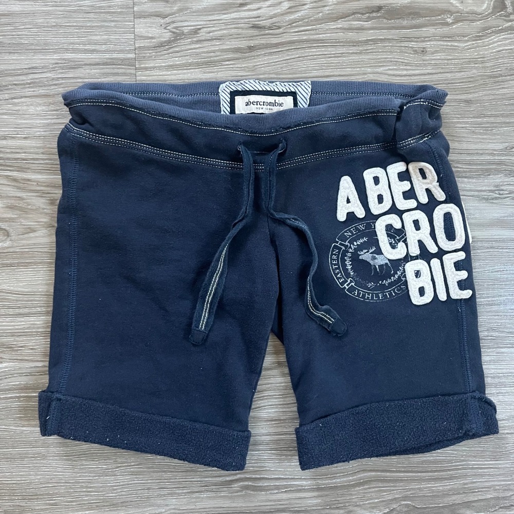 Abercrombie & Fitch Navy Blue Fleece Logo Athletic Shorts Mens Medium Drawstring